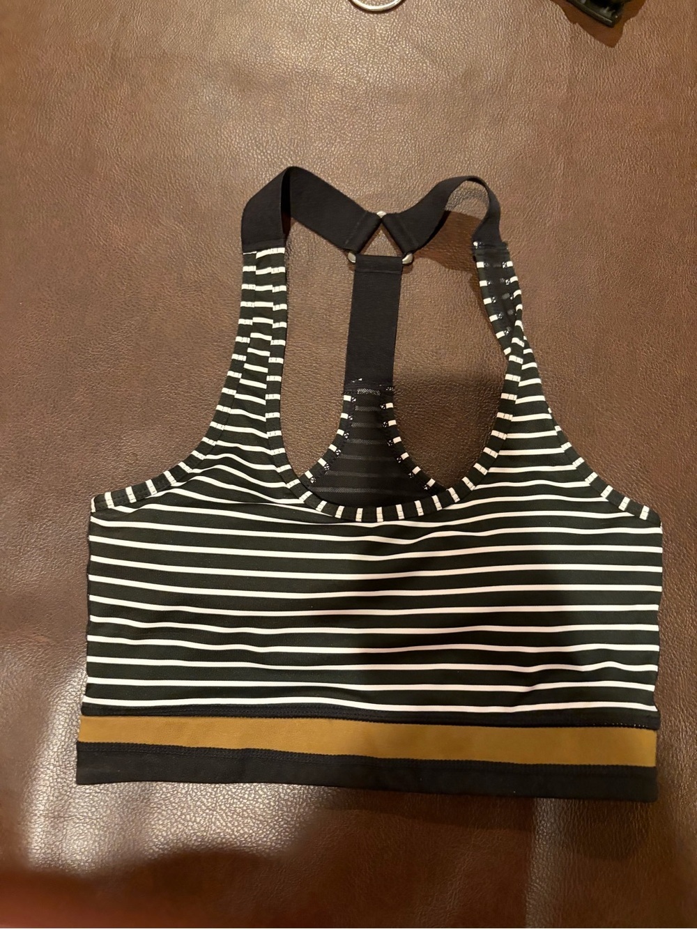Mono B Black & White Striped Racerback Sports Bra with Gold Band